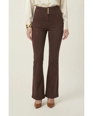 Modenaire High Waist Flare Pants With Button Front - Brown