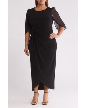 Connected Apparel Cape Sleeve Faux Wrap Dress - Black