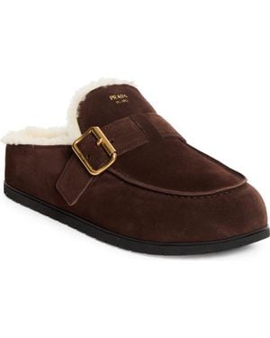 Prada Genuine Shearling Buckle Mule - Brown