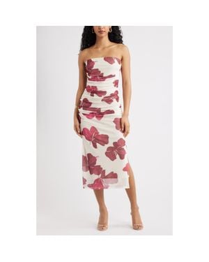 Open Edit Ruched Strapless Mesh Dress - Red