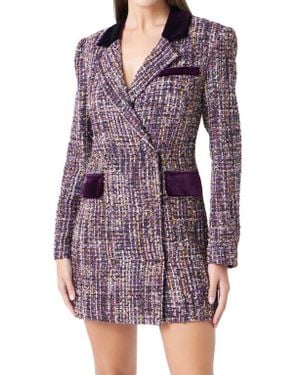 Endless Rose Velvet Trim Long Sleeve Tweed Blazer Dress - Purple