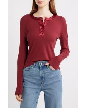 FRAME The Satin Trim Rib Henley - Red