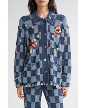 YANYAN Floral Ribbon Checkerboard Knit Work Jacket - Blue