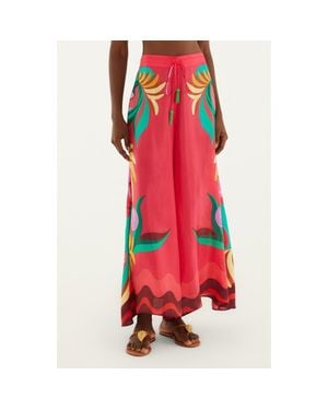 FARM Rio Placed Print Wide Leg Drawstring Pants - Red