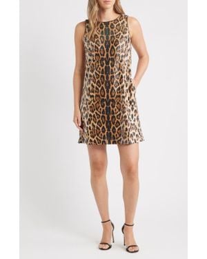 Anne Klein Leopard Sequin Sleeveless Shift Dress - Natural