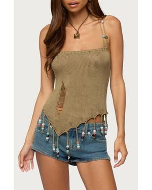 Edikted Fernie Bead Fringe Knit Tank Top - Green