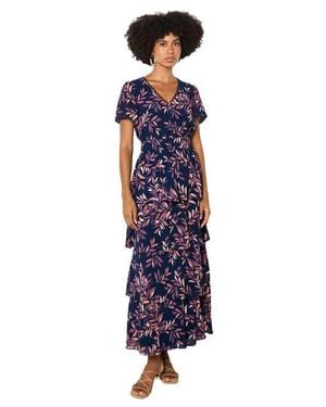 Apricot Tiered Leaf Print Dress - Blue