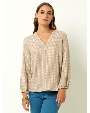 Single Stitch V-Neck Plaid Peasant Top - Natural