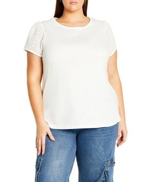 City Chic Linney Embroidered Eyelet Cotton T-Shirt - White