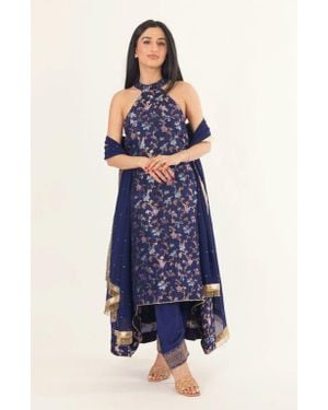 Ras Lazuli Jacquard Halter Salwar Kameez - Blue