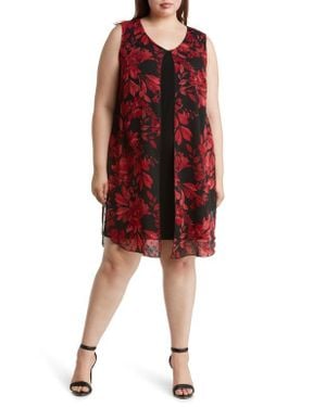 Connected Apparel Floral Chiffon Overlay Cape Dress - Red