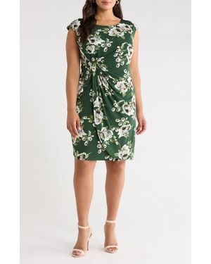 Connected Apparel Floral Cap Sleeve Faux Wrap Midi Dress - Green