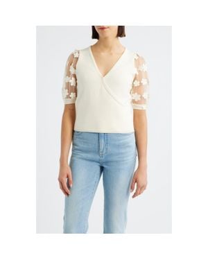 Bobeau Floral Appliqué Short Sleeve Surplice Sweater - Blue