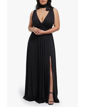 Popilush Shapewear Deep V-Neck Front Slit Goddess Maxi Dress - Black