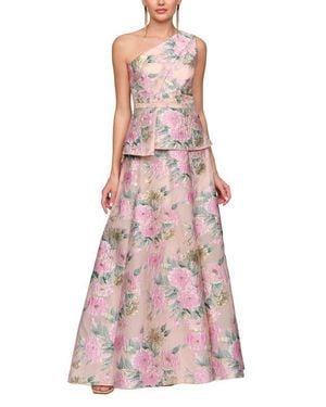 JS Collections Mia One Shoulder Floral Metallic Jacquard Peplum Gown - Pink