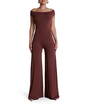 Naked Wardrobe Smooth Off The Shoulder Wide Leg Jumpsuit - Red