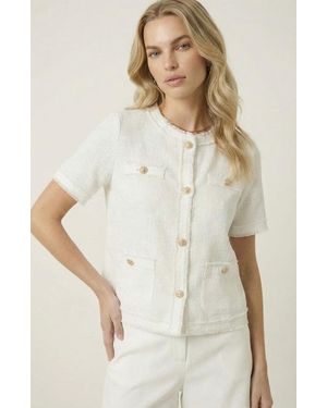 Modenaire Textured Short Sleeve Frayed Trim Jacket - Natural