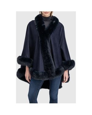 Lyla Grant Cashmere & Wool Blend Cape With Fur-Free Fox (Faux Fur) Trim - Blue