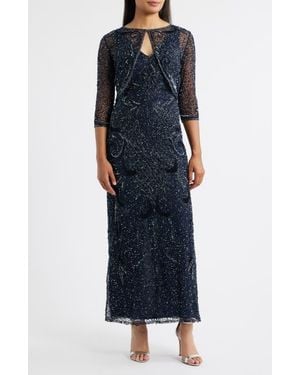 Pisarro Nights Beaded Sequin Embellished Mesh Column Gown With Jacket - Blue