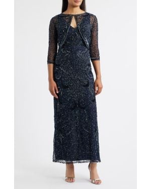 Pisarro Nights Beaded Sequin Embellished Mesh Column Gown With Jacket - Blue