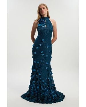 Karen Millen Crystal Rosette Halter-Neck Maxi Dress - Blue