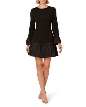 Adrianna Papell Long Sleeve Crepe & Taffeta Minidress - Black