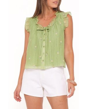 Petal & Pup Lumi Embroidery Detail Ruffle Neck Button-Up Top - Green