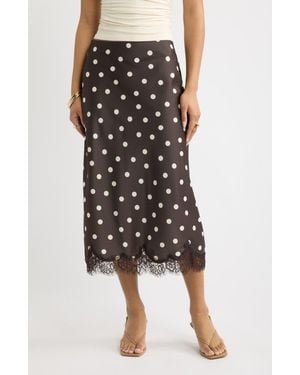 Open Edit Lace Trim Satin Midi Skirt - Black