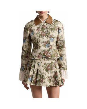 Avec Les Filles Shrunken Floral Tapestry Blazer With Faux Leather Collar - Multicolor