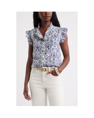 Caslon Ruffle Sleeve Cotton Blend Top - Blue