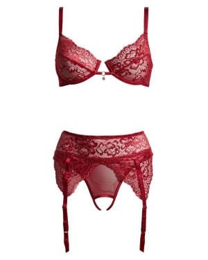 Coquette Lace Underwire Bra & Crotchless Garter Panty Set - Red