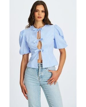 Miss Circle Qusayla Ginghamcheck Puff Sleeve Tie Detail Top - Blue