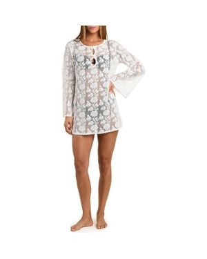 Sunshine 79 Celestial Petals Long Sleeve Open Stitch Cover-Up Dress - White