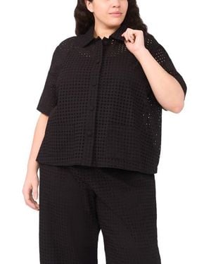 Halogen® Eyelet Short Sleeve Button-Up Shirt - Black