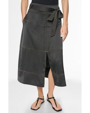 DKNY Tie Waist Contrast Stitch Midi Skirt - Black
