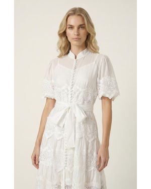 Modenaire Lace Trim Puff Sleeve Midi Dress With Waist Tie - Natural