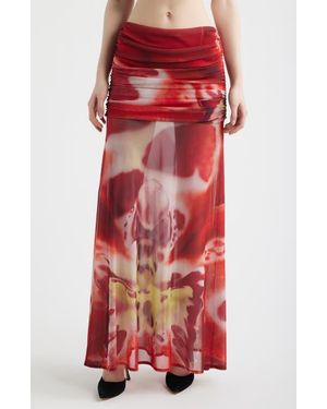 Feners Susurro Print Ruched Mesh Maxi Skirt - Red