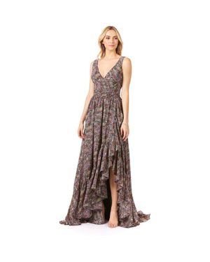 LARA New York V-Neck Long Print Gown Hi-Low Wrap - Brown