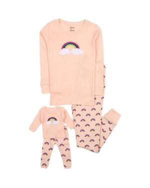 Leveret Girls Cotton Print Pajamas With Matching Doll Pair - Pink