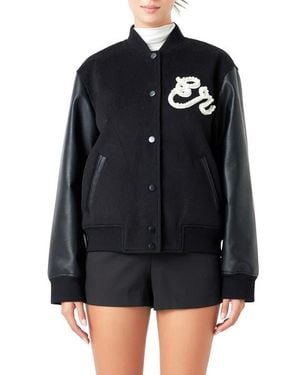 Endless Rose Imitation Pearl Detail Bomber Jacket - Black