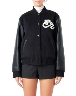 Endless Rose Imitation Pearl Detail Bomber Jacket - Black