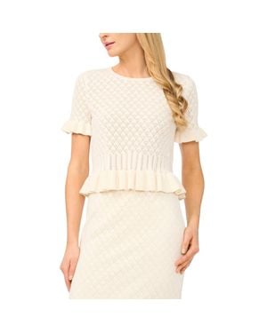 Cece Pointelle Knit Ruffle Trim Peplum Sweater - Natural