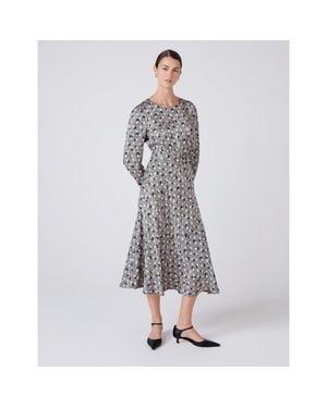 Ghost Sophia Floral Satin Midi Belted Dress - Gray