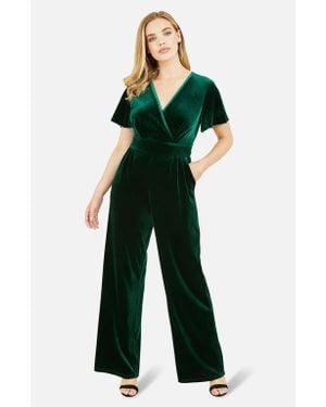 Yumi' Angel Sleeve Velvet Jumpsuit - Green