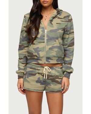 Edikted Camo Girl Front Zip Crop Hoodie - Green