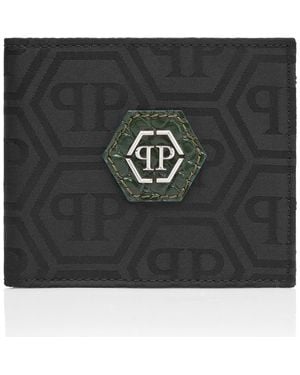 Philipp Plein Nylon And Leather French Wallet Monogram - Black
