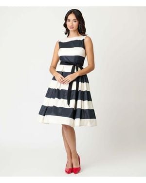 Unique Vintage Sleeveless Belted Swing Dress - White