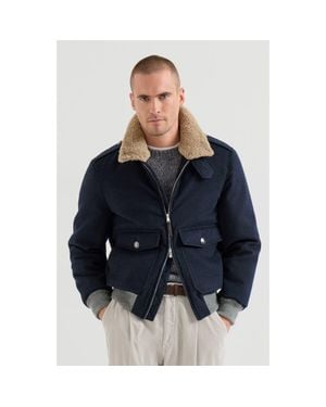 Brunello Cucinelli Bonded Cashmere Beaver Cloth Bomber Jacket With Thermore Padding And Detachable Shearling Collar - Blue