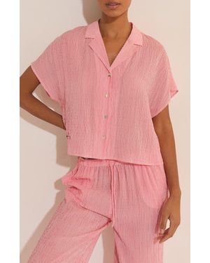 Etam Oselia Stripe Short Sleeve Chemise Button-Up Pajama Shirt - Pink