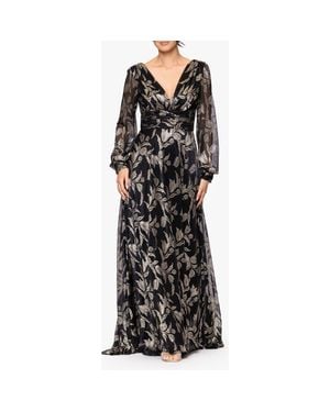 Betsy & Adam Metallic Floral Long Sleeve Crinkle Mesh Gown - Black